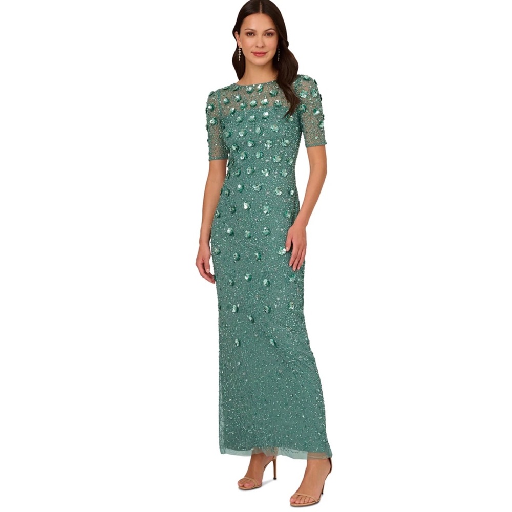 Adrianna Papell 3d beaded floral sequin Maxi dress evening gown